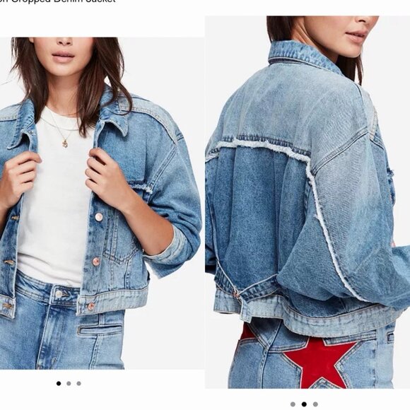 Free People Bedford Cropped Denim Jacket Distressed Medium Wash Cotton - Picture 4 of 16